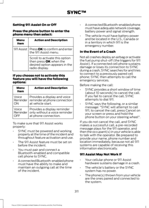 Page 314Setting 911 Assist On or Off
Press the phone button to enter the
phone menu then select:
Action and Description
Menu
Item
Press OK to confirm and enter
the 911 Assist menu.
911 Assist
Scroll to activate this option
then press OK when the
desired option appears in the
radio display.
If you choose not to activate this
feature you will have the following
options: Action and Description
Menu
Item
Provides a display and voice
reminder at phone connection
at vehicle start.
Voice
Reminder
ON
Provides a display...