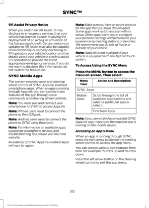 Page 315911 Assist Privacy Notice
When you switch on 911 Assist, it may
disclose to emergency services that your
vehicle has been in a crash involving the
deployment of an airbag or activation of
the fuel pump shut-off. Certain versions or
updates to 911 Assist may also be capable
of electronically or verbally disclosing to
911 operators your vehicle location or other
details about your vehicle or crash to assist
911 operators to provide the most
appropriate emergency services. If you do
not want to disclose...