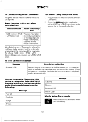 Page 319To Connect Using Voice Commands
Plug the device into one of the vehicle's
USB ports.
Press the voice button and when
prompted, say:
Action and Descrip-
tion
Voice Command
You can now play
music by saying any
of the appropriate
voice commands.
See the media
voice commands.
(USB [stick] | iPod
| MP3 [player])
Words in brackets [ ] are optional and do
not have to be spoken for the system to
understand the command. For example,
for where (USB [stick] | iPOD | MP3
[player]) appears, you can say USB or...