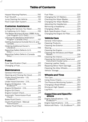Page 7Hazard Warning Flashers..........................190
Fuel Shutoff
...................................................190
Jump Starting the Vehicle..........................191
Post-Crash Alert System...........................193
Customer Assistance
Getting the Services You Need...............194
In California (U.S. Only).............................195
The Better Business Bureau (BBB) Auto Line Program (U.S. Only)......................196
Utilizing the Mediation/Arbitration Program (Canada...