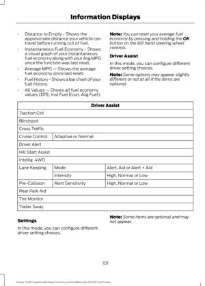 Page 104•
Distance to Empty - Shows the
approximate distance your vehicle can
travel before running out of fuel.
• Instantaneous Fuel Economy - Shows
a visual graph of your instantaneous
fuel economy along with your Avg MPG
since the function was last reset.
• Average MPG — Shows the average
fuel economy since last reset.
• Fuel History - Shows a bar chart of your
fuel history.
• All Values — Shows all fuel economy
values (DTE, Inst Fuel Econ, Avg Fuel). Note:
You can reset your average fuel
economy by pressing...