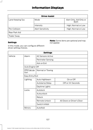 Page 110Driver Assist
Alert Only, Aid Only or
Both
Mode
Lane Keeping Sys
High
, Normal or Low
Intensity
High, Normal or Low
Alert Sensitivity
Pre-Collision
Rear Park Aid
Trailer Sway
Settings
In this mode, you can configure different
driver setting choices. Note:
Some items are optional and may
not appear. Settings
All Sensors Active
Alarm
Vehicle
Perimeter Sensing
Ask on Exit
Auto Engine Off Normal
 or Towing
DTE Calcula-
tion
Easy Entry/Exit
On or Off
Auto Highbeam
Lighting
Off or XX Seconds
Autolamp Delay...