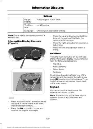 Page 112Settings
Fuel Gauge or Fuel + Tach
Gauge
Display
psi
, kPa or bar
Tire Pres-
sure
Choose your applicable setting
Language
Note: Some MyKey items only appear if a
MyKey is set.
Information Display Controls
(Type 3) •
Press and hold the left arrow button at
any time to return to the main menu
display (escape button).
• Press the 
OK button to choose and
confirm settings or messages. •
Press the up and down arrow buttons
to scroll through and highlight the
options within a menu.
• Press the right arrow...