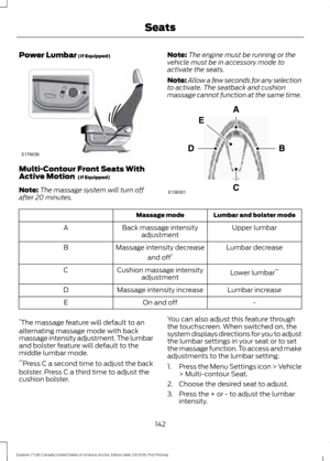 Page 145Power Lumbar (If Equipped)
Multi-Contour Front Seats With
Active Motion 
 (If Equipped)
Note: The massage system will turn off
after 20 minutes. Note:
The engine must be running or the
vehicle must be in accessory mode to
activate the seats.
Note: Allow a few seconds for any selection
to activate. The seatback and cushion
massage cannot function at the same time. Lumbar and bolster mode
Massage mode
Upper lumbar
Back massage intensity
adjustment
A
Lumbar decrease
Massage intensity decrease
and off*
B...