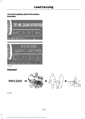 Page 236Tire and Loading Label Information
Example:
Payload
233
Explorer (TUB) Canada/United States of America, enUSA, Edition date: 03/2016, First Printing Load CarryingE198719 E143816PAYLOAD  