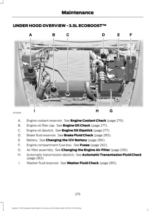 Page 278UNDER HOOD OVERVIEW - 3.5L ECOBOOST™
Engine coolant reservoir.  See Engine Coolant Check (page 279).
A.
Engine oil filler cap.  See 
Engine Oil Check (page 277).
B.
Engine oil dipstick.  See 
Engine Oil Dipstick (page 277).
C.
Brake fluid reservoir.  See 
Brake Fluid Check (page 285).
D.
Battery.  See 
Changing the 12V Battery (page 286).
E.
Engine compartment fuse box.  See 
Fuses (page 262).
F.
Air filter assembly.  See 
Changing the Engine Air Filter (page 296).
G.
Automatic transmission dipstick....