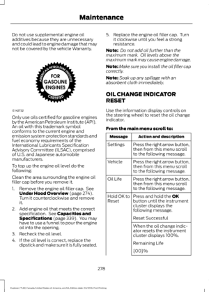 Page 281Do not use supplemental engine oil
additives because they are unnecessary
and could lead to engine damage that may
not be covered by the vehicle Warranty.
Only use oils certified for gasoline engines
by the American Petroleum Institute (API).
An oil with this trademark symbol
conforms to the current engine and
emission system protection standards and
fuel economy requirements of the
International Lubricants Specification
Advisory Committee (ILSAC), comprised
of U.S. and Japanese automobile...