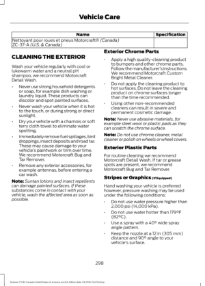 Page 301Specification
Name
Nettoyant pour roues et pneus Motorcraft® (Canada)
ZC-37-A (U.S. & Canada)
CLEANING THE EXTERIOR
Wash your vehicle regularly with cool or
lukewarm water and a neutral pH
shampoo, we recommend Motorcraft
Detail Wash.
• Never use strong household detergents
or soap, for example dish washing or
laundry liquid. These products can
discolor and spot painted surfaces.
• Never wash your vehicle when it is hot
to the touch, or during strong or direct
sunlight.
• Dry your vehicle with a chamois...