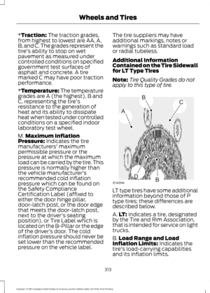 Page 316*Traction: The traction grades,
from highest to lowest are AA, A,
B, and C. The grades represent the
tire's ability to stop on wet
pavement as measured under
controlled conditions on specified
government test surfaces of
asphalt and concrete. A tire
marked C may have poor traction
performance.
*
Temperature: The temperature
grades are A (the highest), B and
C, representing the tire's
resistance to the generation of
heat and its ability to dissipate
heat when tested under controlled
conditions on...
