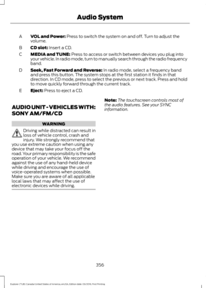 Page 359VOL and Power: Press to switch the system on and off. Turn to adjust the
volume.
A
CD slot:
 Insert a CD.
B
MEDIA and TUNE:
 Press to access or switch between devices you plug into
your vehicle. In radio mode, turn to manually search through the radio frequency
band.
C
Seek, Fast Forward and Reverse:
 In radio mode, select a frequency band
and press this button. The system stops at the first station it finds in that
direction. In CD mode, press to select the previous or next track. Press and hold
to move...