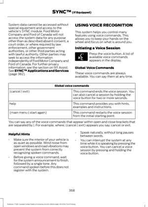 Page 371System data cannot be accessed without
special equipment and access to the
vehicle's SYNC module. Ford Motor
Company and Ford of Canada will not
access the system data for any purpose
other than as described absent consent, a
court order, or where required by law
enforcement, other government
authorities, or other third parties acting
with lawful authority. Other parties may
seek to access the information
independently of Ford Motor Company and
Ford of Canada. For further privacy
information, see the...