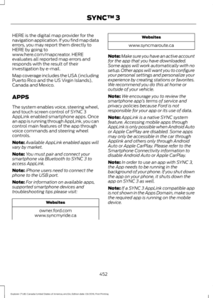 Page 455HERE is the digital map provider for the
navigation application. If you find map data
errors, you may report them directly to
HERE by going to
www.here.com/mapcreator. HERE
evaluates all reported map errors and
responds with the result of their
investigation by e-mail.
Map coverage includes the USA (including
Puerto Rico and the US Virgin Islands),
Canada and Mexico.
APPS
The system enables voice, steering wheel,
and touch screen control of SYNC 3
AppLink enabled smartphone apps. Once
an app is running...