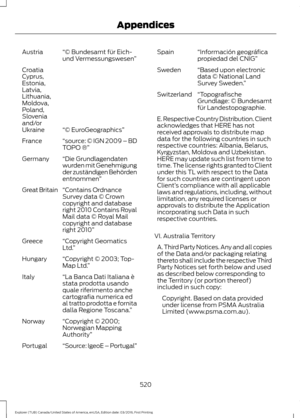 Page 523“© Bundesamt für Eich-
und Vermessungswesen
”
Austria
“© EuroGeographics”
Croatia
Cyprus,
Estonia,
Latvia,
Lithuania,
Moldova,
Poland,
Slovenia
and/or
Ukraine
“source: © IGN 2009 – BD
TOPO ®”
France
“Die Grundlagendaten
wurden mit Genehmigung
der zuständigen Behörden
entnommen”
Germany
“Contains Ordnance
Survey data © Crown
copyright and database
right 2010 Contains Royal
Mail data © Royal Mail
copyright and database
right 2010”
Great Britain
“Copyright Geomatics
Ltd.”
Greece
“Copyright © 2003; Top-
Map...