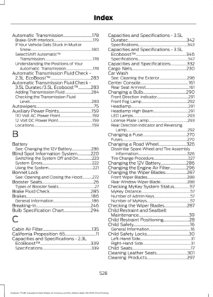 Page 531Automatic Transmission............................178
Brake-Shift Interlock.......................................... 179
If Your Vehicle Gets Stuck In Mud or Snow.................................................................. 180
SelectShift Automatic ™
Transmission.................................................... 178
Understanding the Positions of Your Automatic Transmission............................. 178
Automatic Transmission Fluid Check - 2.3L...