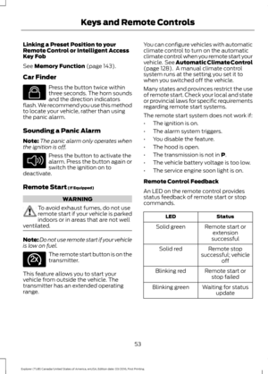 Page 56Linking a Preset Position to your
Remote Control or Intelligent Access
Key Fob
See Memory Function (page 143).
Car Finder Press the button twice within
three seconds. The horn sounds
and the direction indicators
flash. We recommend you use this method
to locate your vehicle, rather than using
the panic alarm.
Sounding a Panic Alarm
Note: The panic alarm only operates when
the ignition is off. Press the button to activate the
alarm. Press the button again or
switch the ignition on to
deactivate.
Remote...