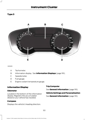 Page 96Type 3
Tachometer.
A
Information display.  See Information Displays (page 99).
B
Speedometer.
C
Fuel gauge.
D
Engine coolant temperature gauge.
E
Information Display
Odometer
Located in the bottom of the information
display. Registers the accumulated
distance your vehicle has traveled.
Compass
Displays the vehicle's heading direction. Trip Computer
See 
General Information (page 99).
Vehicle Settings and Personalization
See 
General Information (page 99).
93
Explorer (TUB) Canada/United States of...