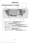 Page 279UNDER HOOD OVERVIEW - 3.5L DURATEC
Engine coolant reservoir.  See Engine Coolant Check (page 279).
A
Brake fluid reservoir.  See 
Brake Fluid Check (page 285).
B
Battery.  See 
Changing the 12V Battery (page 286).
C
Engine compartment fusebox.  See 
Fuse Specification Chart (page 262).
D
Air filter assembly.  See 
Changing the Engine Air Filter (page 296).
E
Automatic transmission fluid dipstick.  See 
Automatic Transmission Fluid
Check (page 283).
F
Engine oil dipstick.  See 
Engine Oil Dipstick (page...