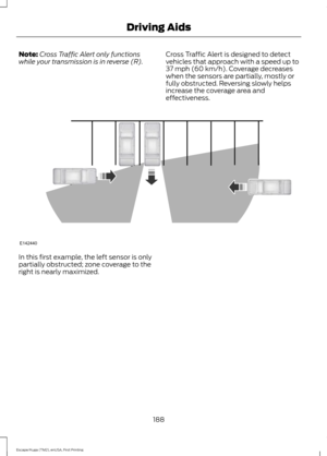 Page 191Note:
Cross Traffic Alert only functions
while your transmission is in reverse (R). Cross Traffic Alert is designed to detect
vehicles that approach with a speed up to
37 mph (60 km/h). Coverage decreases
when the sensors are partially, mostly or
fully obstructed. Reversing slowly helps
increase the coverage area and
effectiveness. In this first example, the left sensor is only
partially obstructed; zone coverage to the
right is nearly maximized.
188
Escape/Kuga (TM2), enUSA, First Printing Driving...