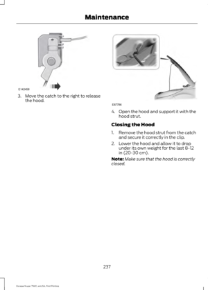 Page 2403. Move the catch to the right to release
the hood. 4.
Open the hood and support it with the
hood strut.
Closing the Hood
1. Remove the hood strut from the catch
and secure it correctly in the clip.
2. Lower the hood and allow it to drop under its own weight for the last 8-12
in (20-30 cm).
Note: Make sure that the hood is correctly
closed.
237
Escape/Kuga (TM2), enUSA, First Printing MaintenanceE142458 E87786  