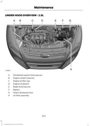 Page 243UNDER HOOD OVERVIEW - 2.5L
Windshield washer fluid reservoir
A
Engine coolant reservoir
B
Engine oil filler cap
C
Engine oil dipstick
D
Brake fluid reservoir
E
Battery
F
Power distribution box
G
Air filter assembly
H
240
Escape/Kuga (TM2), enUSA, First Printing MaintenanceABCEFGD
HE146023  