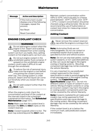 Page 246Action and description
Message
If the instrument cluster
displays one of the following
messages, repeat the
process.
Not Reset
Reset Cancelled
ENGINE COOLANT CHECK WARNINGS
Do not add engine coolant when the
engine is hot. Steam and scalding
liquids released from a hot cooling
system can burn you badly. Also, spilling
coolant on hot engine parts can burn you. Do not put engine coolant in the
windshield washer fluid container. If
sprayed on the windshield, engine
coolant could make it difficult to see...