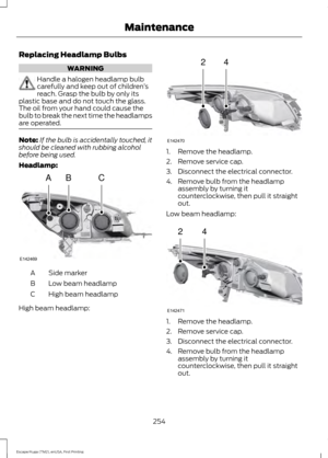 Page 257Replacing Headlamp Bulbs
WARNING
Handle a halogen headlamp bulb
carefully and keep out of children
’s
reach. Grasp the bulb by only its
plastic base and do not touch the glass.
The oil from your hand could cause the
bulb to break the next time the headlamps
are operated. Note:
If the bulb is accidentally touched, it
should be cleaned with rubbing alcohol
before being used.
Headlamp: Side marker
A
Low beam headlamp
B
High beam headlamp
C
High beam headlamp: 1. Remove the headlamp.
2. Remove service cap....