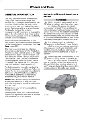 Page 271GENERAL INFORMATION
Use only approved wheel and tire sizes,
using other sizes could damage your
vehicle. If you change the diameter of the
tires from that fitted at the factory, the
speedometer may not display the correct
speed. Take your vehicle to an authorized
Ford dealer to have the system
reprogrammed. If you intend to change the
size of the wheels from that fitted by the
manufacturer, you can check the suitability
with an authorized dealer.
Additional information related to the
functionality and...