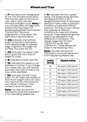 Page 277A.
P: Indicates a tire, designated
by the Tire and Rim Association,
that may be used for service on
cars, sport utility vehicles,
minivans and light trucks. Note:
 If
your tire size does not begin with
a letter this may mean it is
designated by either the European
Tire and Rim Technical
Organization or the Japan Tire
Manufacturing Association.
B. 215:
 Indicates the nominal
width of the tire in millimeters
from sidewall edge to sidewall
edge. In general, the larger the
number, the wider the tire.
C. 65:...