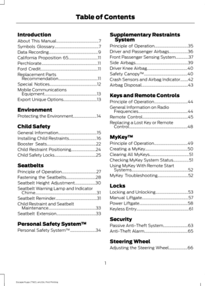 Page 4Introduction
About This Manual...........................................7
Symbols Glossary
.............................................7
Data Recording
..................................................9
California Proposition 65..............................11
Perchlorate.........................................................11
Ford Credit
..........................................................11
Replacement Parts Recommendation
........................................11
Special...