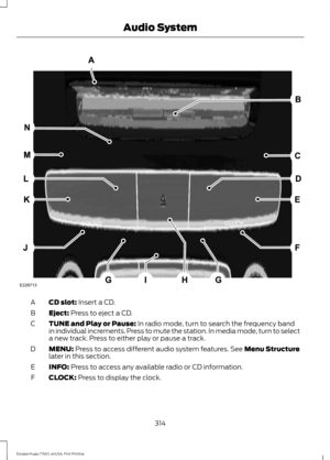 Page 317CD slot: Insert a CD.
A
Eject:
 Press to eject a CD.
B
TUNE and Play or Pause:
 In radio mode, turn to search the frequency band
in individual increments. Press to mute the station. In media mode, turn to select
a new track. Press to either play or pause a track.
C
MENU:
 Press to access different audio system features. See Menu Structure
later in this section.
D
INFO:
 Press to access any available radio or CD information.
E
CLOCK:
 Press to display the clock.
F
314
Escape/Kuga (TM2), enUSA, First...