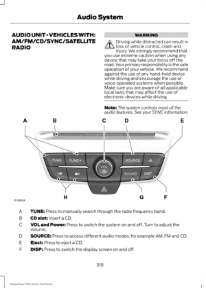 Page 321AUDIO UNIT - VEHICLES WITH:
AM/FM/CD/SYNC/SATELLITE
RADIO WARNING
Driving while distracted can result in
loss of vehicle control, crash and
injury. We strongly recommend that
you use extreme caution when using any
device that may take your focus off the
road. Your primary responsibility is the safe
operation of your vehicle. We recommend
against the use of any hand-held device
while driving and encourage the use of
voice-operated systems when possible.
Make sure you are aware of all applicable
local laws...