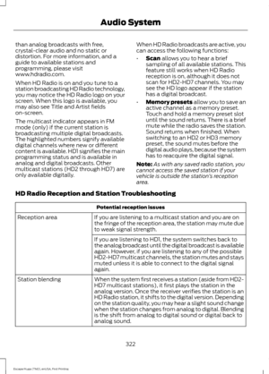 Page 325than analog broadcasts with free,
crystal-clear audio and no static or
distortion. For more information, and a
guide to available stations and
programming, please visit
www.hdradio.com.
When HD Radio is on and you tune to a
station broadcasting HD Radio technology,
you may notice the HD Radio logo on your
screen. When this logo is available, you
may also see Title and Artist fields
on-screen.
The multicast indicator appears in FM
mode (only) if the current station is
broadcasting multiple digital...