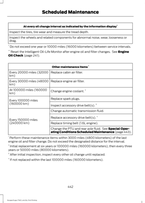 Page 445At every oil change interval as indicated by the information display
*
Inspect the tires, tire wear and measure the tread depth.
Inspect the wheels and related components for abnormal noise, wear, looseness or
drag.
*  Do not exceed one year or 10000 miles (16000 kilometers) between service intervals.
**  Reset the Intelligent Oil-Life Monitor after engine oil and filter changes.  See Engine
Oil Check (page 241). Other maintenance items 
1
Replace cabin air filter.
Every 20000 miles (32000
km)
Replace...