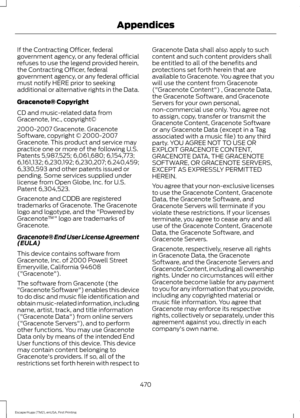 Page 473If the Contracting Officer, federal
government agency, or any federal official
refuses to use the legend provided herein,
the Contracting Officer, federal
government agency, or any federal official
must notify HERE prior to seeking
additional or alternative rights in the Data.
Gracenote® Copyright
CD and music-related data from
Gracenote, Inc., copyright©
2000-2007 Gracenote. Gracenote
Software, copyright © 2000-2007
Gracenote. This product and service may
practice one or more of the following U.S....