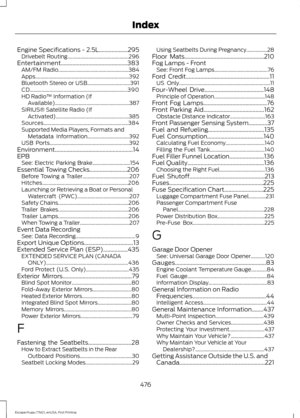 Page 479Engine Specifications - 2.5L....................295
Drivebelt Routing............................................... 296
Entertainment..............................................383 AM/FM Radio...................................................... 384
Apps........................................................................\
 392
Bluetooth Stereo or USB................................. 391
CD........................................................................\
... 390
HD Radio ™ Information (If...