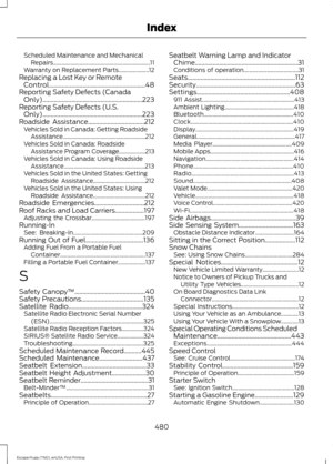 Page 483Scheduled Maintenance and Mechanical
Repairs................................................................... 11
Warranty on Replacement Parts..................... 12
Replacing a Lost Key or Remote Control............................................................48
Reporting Safety Defects (Canada Only)..............................................................223
Reporting Safety Defects (U.S. Only)
..............................................................223
Roadside...