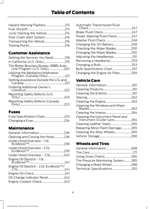 Page 7Hazard Warning Flashers...........................213
Fuel Shutoff
....................................................213
Jump Starting the Vehicle.........................214
Post-Crash Alert System...........................216
Transporting the Vehicle............................216
Towing Points.................................................216
Customer Assistance
Getting the Services You Need................218
In California (U.S. Only).............................219
The Better Business Bureau...