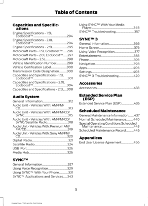 Page 8Capacities and Specific-
ations
Engine Specifications - 1.5L EcoBoost™...............................................294
Engine Specifications - 2.0L EcoBoost™...............................................294
Engine Specifications - 2.5L....................295
Motorcraft Parts - 1.5L EcoBoost™......296
Motorcraft Parts - 2.0L EcoBoost™......297
Motorcraft Parts - 2.5L..............................298
Vehicle Identification Number...............299
Vehicle Certification Label
......................300...