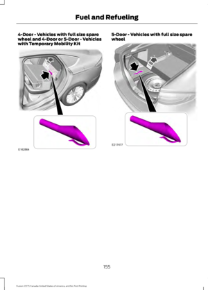 Page 1584-Door - Vehicles with full size spare
wheel and 4-Door or 5-Door - Vehicles
with Temporary Mobility Kit 5-Door - Vehicles with full size spare
wheel
155
Fusion (CC7) Canada/United States of America, enUSA, First Printing Fuel and RefuelingE162864  E217477   