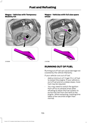 Page 159Wagon - Vehicles with Temporary
Mobility Kit Wagon - Vehicles with full size spare
wheel
RUNNING OUT OF FUEL
Running out of fuel can cause damage not
covered by the vehicle Warranty.
If your vehicle runs out of fuel:
•
Add a minimum of 1.3 gal (5 L) of fuel
to restart the engine. If your vehicle is
out of fuel and on a steep slope, more
fuel may be required.
• You may need to switch the ignition
from off to on several times after
refueling to allow the fuel system to
pump the fuel from the tank to the...