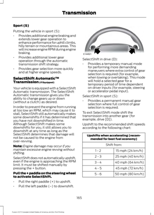 Page 168Sport (S)
Putting the vehicle in sport (S):
•
Provides additional engine braking and
extends lower gear operation to
enhance performance for uphill climbs,
hilly terrain or mountainous areas. This
will increase engine RPM during engine
braking.
• Provides additional lower gear
operation through the automatic
transmission shift strategy.
• Provides gear selection more quickly
and at higher engine speeds.
SelectShift Automatic ™
Transmission (If Equipped)
Your vehicle is equipped with a SelectShift...