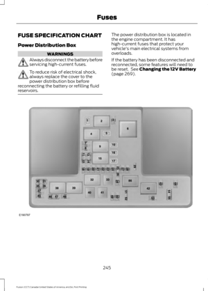 Page 248FUSE SPECIFICATION CHART
Power Distribution Box
WARNINGS
Always disconnect the battery before
servicing high-current fuses.
To reduce risk of electrical shock,
always replace the cover to the
power distribution box before
reconnecting the battery or refilling fluid
reservoirs. The power distribution box is located in
the engine compartment. It has
high-current fuses that protect your
vehicle's main electrical systems from
overloads.
If the battery has been disconnected and
reconnected, some features...