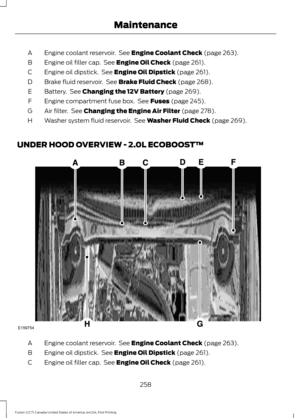 Page 261Engine coolant reservoir.  See Engine Coolant Check (page 263).
A
Engine oil filler cap.  See 
Engine Oil Check (page 261).
B
Engine oil dipstick.  See 
Engine Oil Dipstick (page 261).
C
Brake fluid reservoir.  See 
Brake Fluid Check (page 268).
D
Battery.  See 
Changing the 12V Battery (page 269).
E
Engine compartment fuse box.  See 
Fuses (page 245).
F
Air filter.  See 
Changing the Engine Air Filter (page 278).
G
Washer system fluid reservoir.  See 
Washer Fluid Check (page 269).
H
UNDER HOOD OVERVIEW...