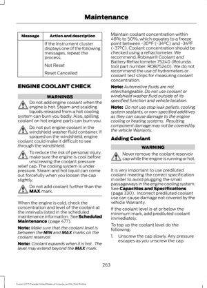 Page 266Action and description
Message
If the instrument cluster
displays one of the following
messages, repeat the
process.
Not Reset
Reset Cancelled
ENGINE COOLANT CHECK WARNINGS
Do not add engine coolant when the
engine is hot. Steam and scalding
liquids released from a hot cooling
system can burn you badly. Also, spilling
coolant on hot engine parts can burn you. Do not put engine coolant in the
windshield washer fluid container. If
sprayed on the windshield, engine
coolant could make it difficult to see...