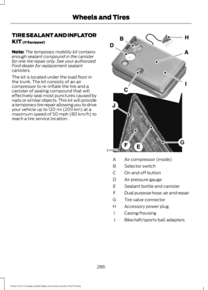 Page 289TIRE SEALANT AND INFLATOR
KIT (If Equipped)
Note: The temporary mobility kit contains
enough sealant compound in the canister
for one tire repair only. See your authorized
Ford dealer for replacement sealant
canisters.
The kit is located under the load floor in
the trunk. The kit consists of an air
compressor to re-inflate the tire and a
canister of sealing compound that will
effectively seal most punctures caused by
nails or similar objects. This kit will provide
a temporary tire repair allowing you to...