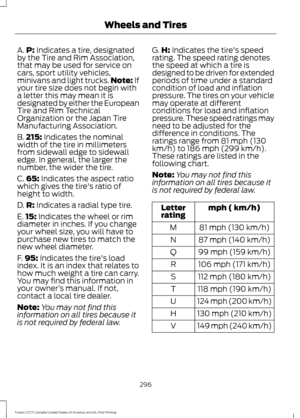 Page 299A.
P: Indicates a tire, designated
by the Tire and Rim Association,
that may be used for service on
cars, sport utility vehicles,
minivans and light trucks. Note:
 If
your tire size does not begin with
a letter this may mean it is
designated by either the European
Tire and Rim Technical
Organization or the Japan Tire
Manufacturing Association.
B. 215:
 Indicates the nominal
width of the tire in millimeters
from sidewall edge to sidewall
edge. In general, the larger the
number, the wider the tire.
C. 65:...