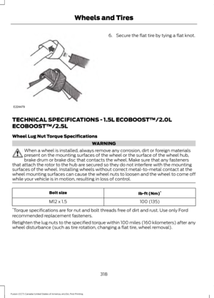 Page 3216. Secure the flat tire by tying a flat knot.
TECHNICAL SPECIFICATIONS - 1.5L ECOBOOST™/2.0L
ECOBOOST™/2.5L
Wheel Lug Nut Torque Specifications WARNING
When a wheel is installed, always remove any corrosion, dirt or foreign materials
present on the mounting surfaces of the wheel or the surface of the wheel hub,
brake drum or brake disc that contacts the wheel. Make sure that any fasteners
that attach the rotor to the hub are secured so they do not interfere with the mounting
surfaces of the wheel....