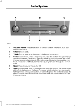 Page 350VOL and Power: Press this button to turn the system off and on. Turn it to
adjust the volume.
A
CD slot:
 Insert a CD.
B
TUNE:
 Turn to search the frequency in individual increments.
C
Seek:
 In radio mode, select a frequency and press this button. The system stops
at the first station up the band. Press and hold the button to move quickly to
the next strong radio station. In CD mode, press this button to select the next
track. Press and hold the button to move quickly forward through the current
track....