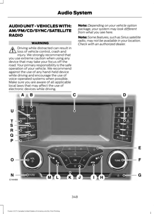 Page 351AUDIO UNIT - VEHICLES WITH:
AM/FM/CD/SYNC/SATELLITE
RADIO
WARNING
Driving while distracted can result in
loss of vehicle control, crash and
injury. We strongly recommend that
you use extreme caution when using any
device that may take your focus off the
road. Your primary responsibility is the safe
operation of your vehicle. We recommend
against the use of any hand-held device
while driving and encourage the use of
voice-operated systems when possible.
Make sure you are aware of all applicable
local laws...