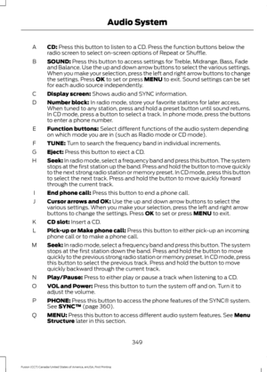 Page 352CD: Press this button to listen to a CD. Press the function buttons below the
radio screen to select on-screen options of Repeat or Shuffle.
A
SOUND:
 Press this button to access settings for Treble, Midrange, Bass, Fade
and Balance. Use the up and down arrow buttons to select the various settings.
When you make your selection, press the left and right arrow buttons to change
the settings. Press 
OK to set or press MENU to exit. Sound settings can be set
for each audio source independently.
B
Display...